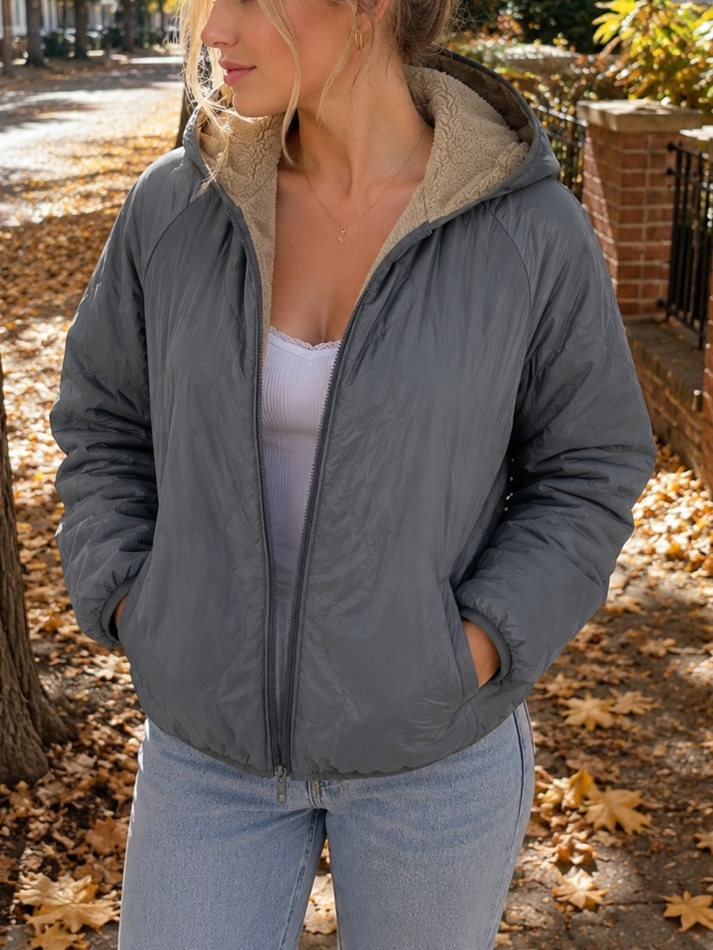 SHEIN Hooded Sherpa-Lined Puffer Jacket in Gray
